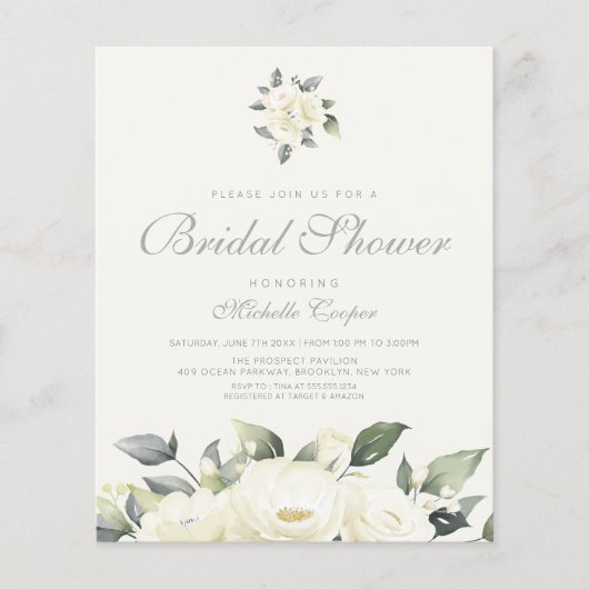 Budget White Rose Floral Bridal Shower Invitation (Voorkant)