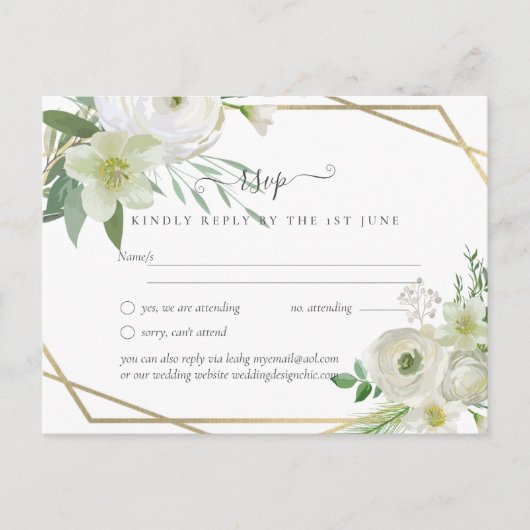 BUDGET White Rose Greenery Gold Wedding Briefkaart (Voorkant)