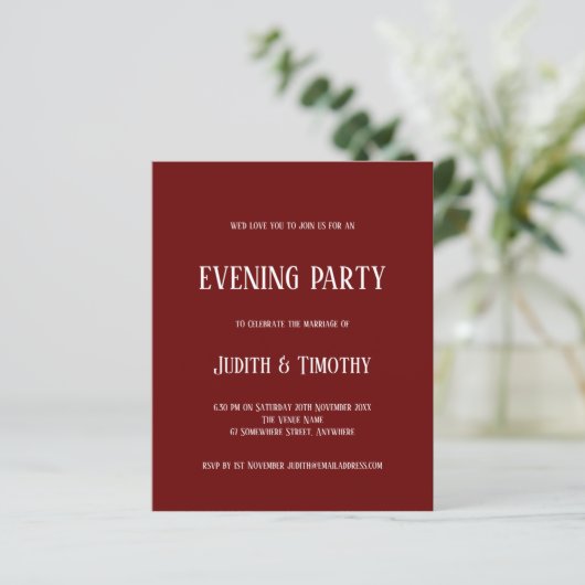 Budget White Text Burgundy Evening Party nodigt ui (Staand voorkant)