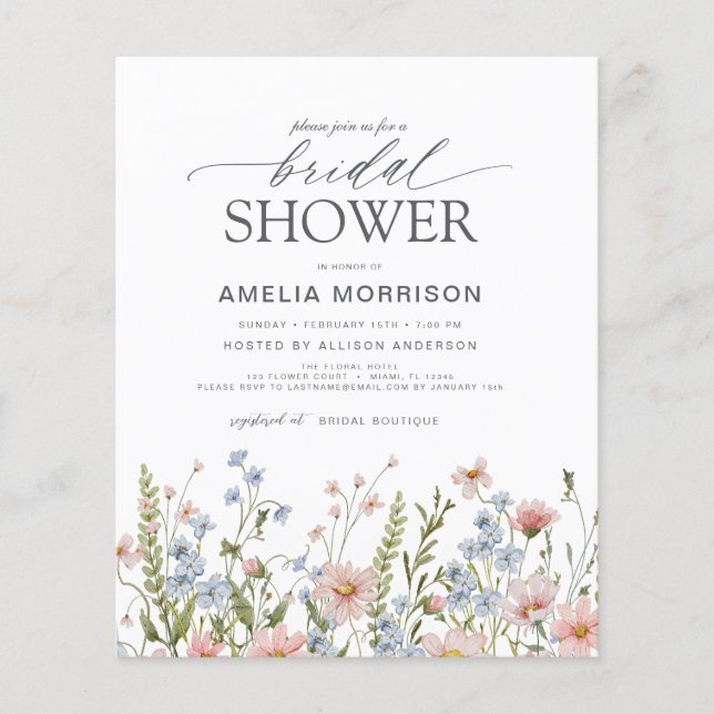 Budget Wildflower QR Code Bruids Douche Uitnodigin (Voorkant)