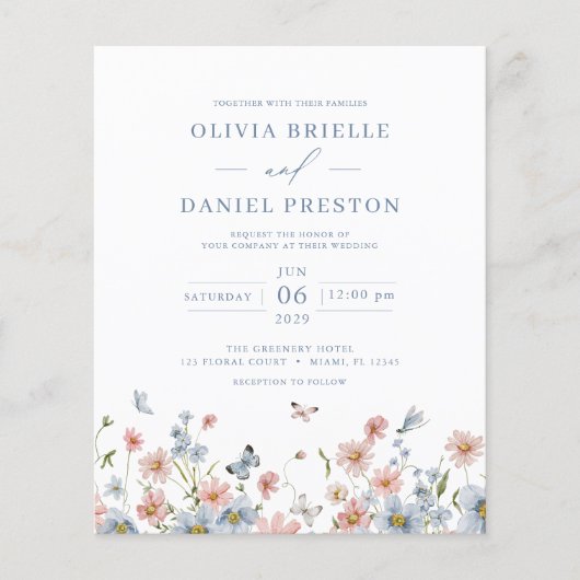 Budget Wildflower QR Code Huwelijksuitnodiging Flyer (Voorkant)