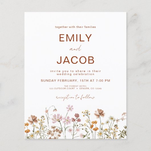 Budget Wildflower Terracotta Botanical Wedding Flyer (Voorkant)