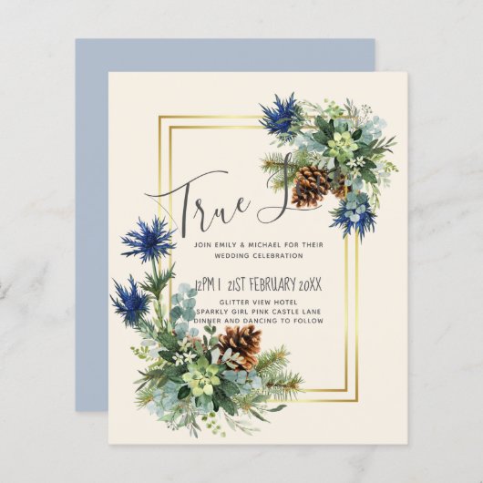 BUDGET Winter Blauwe Distel Trouw Uitnodigingen (Voorkant / Achterkant)