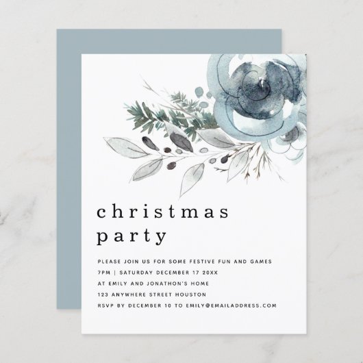 Budget Winter Blue Florals kerstparty uitnodigen (Voorkant / Achterkant)