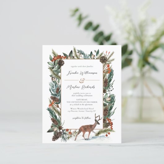 Budget Winter Greenery Pine Cone Wedding Invite (Staand voorkant)