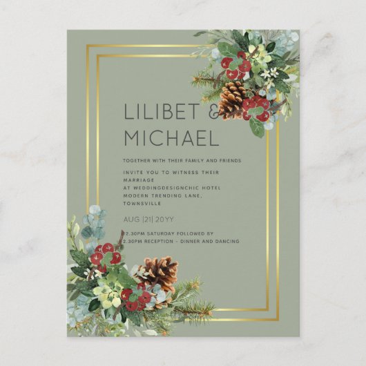 BUDGET Winter Rode Bessen Dennenkegels Bruiloft Briefkaart (Voorkant)