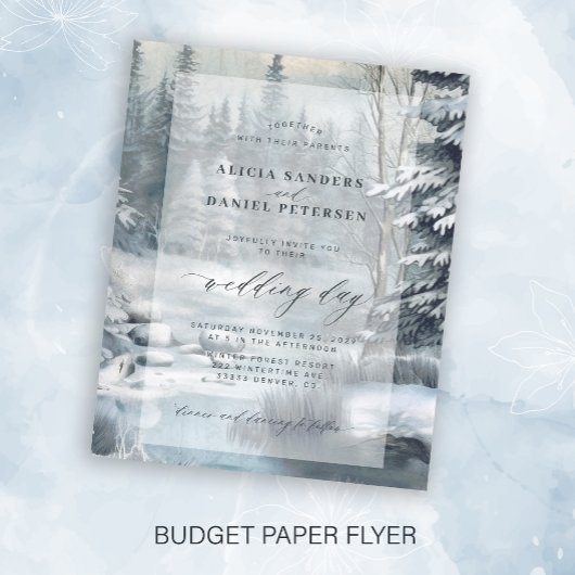 Budget winter sneeuw dennen bos bruiloft uitnodigi flyer
