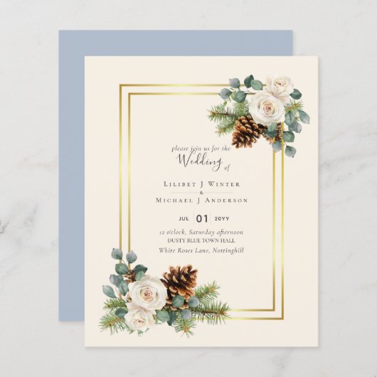 BUDGET Winterhuwelijk Witte Rozen Goud Stof Blauw (Voorkant / Achterkant)