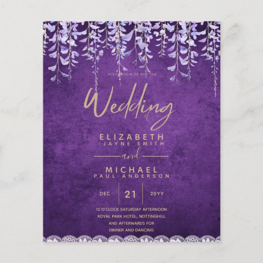 BUDGET Wisteria Paars Floral Lace Wedding INVITE (Voorkant)