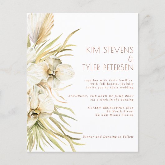Budget witte florale moderne boho bruiloft uitnodi (Voorkant)