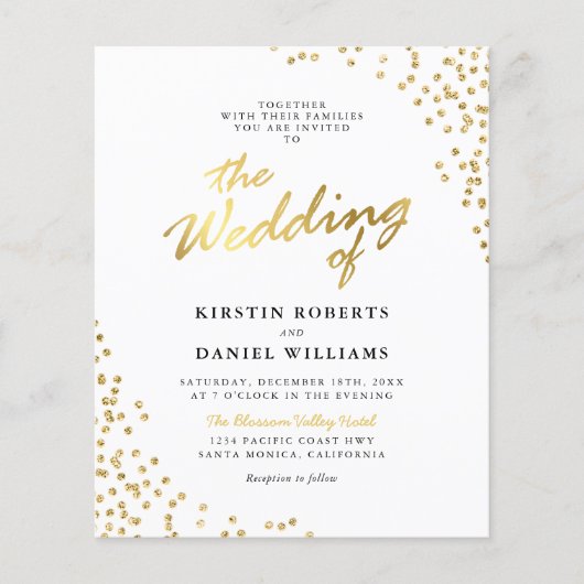 Budget witte gouden glitters bruiloft uitnodiging (Voorkant)