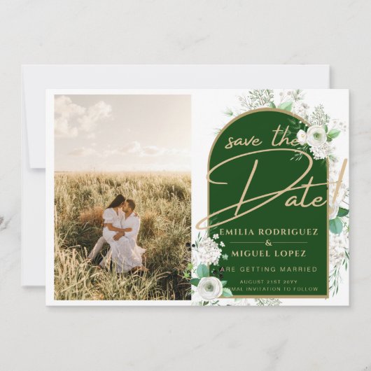 Budget Witte Rozen Groene Trouw Save the Date Kaart (Voorkant)