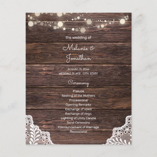 Budget Wood, String Lights, Lace Wedding Ceremony Flyer (Voorkant)