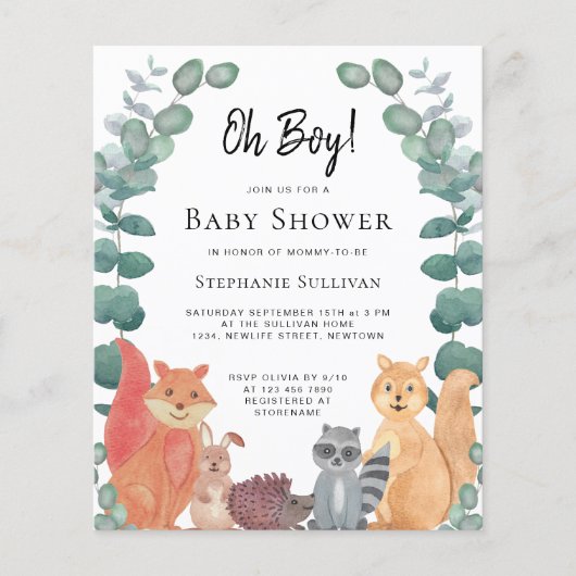 Budget Woodland Forest Animals Baby shower Invite (Voorkant)