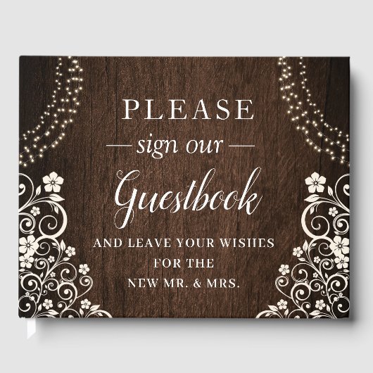 Budget Woodsy Rustic String Lights Hout Wedding Gastenboek (Voorkant)
