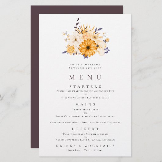 Budget Yellow Florals Foliage Wedding Menu (Voorkant / Achterkant)