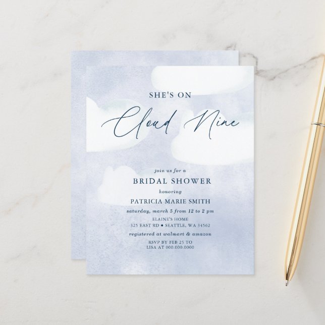 Budget Ze is op Cloud Nine Vrijgezellenfeest Invit (Voorkant / Achterkant in situ)