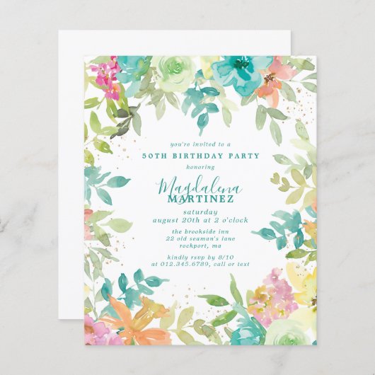 Budget Zomer Bloemen 50e Verjaardag Uitnodiging (Voorkant / Achterkant)