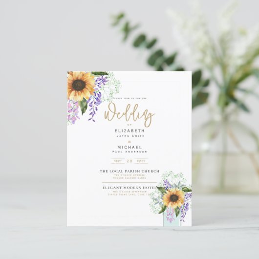Budget Zonnebloemen Paarse Bloemige Trouw Uitnodig (Staand voorkant)