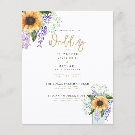 Budget Zonnebloemen Paarse Bloemige Trouw Uitnodig (Voorkant)