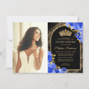 Budget Zwart Blauw Goud Bloemen Foto Quinceanera Notitiekaartje
