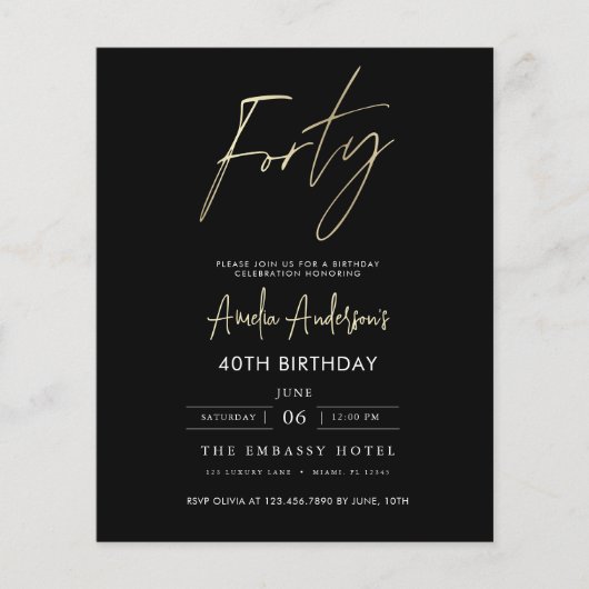 Budget Zwart en Goud Script 40e verjaardag Flyer (Voorkant)