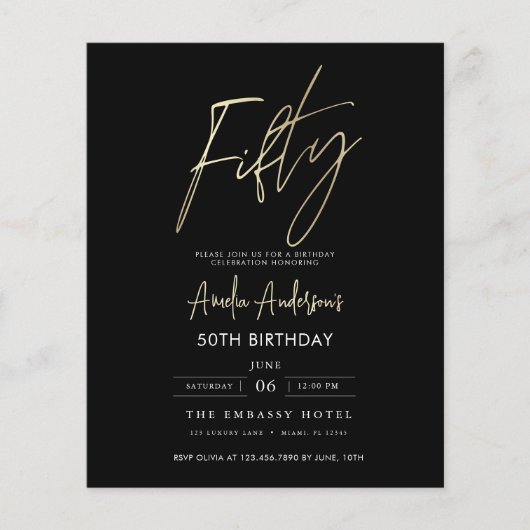 Budget Zwart en Goud Script 50e verjaardag Flyer (Voorkant)