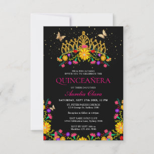 Budget Zwart Fiesta Bloemen Goud Tiara Quinceanera Notitiekaartje