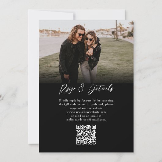 Budget Zwart Modern Fotoscript QR-code Trouwen Kaart (Achterkant)