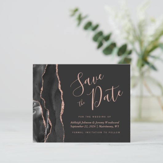 Budget zwart Roos Gold Agate Dark Save the Date (Staand voorkant)