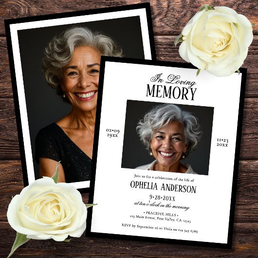 Budget zwart-wit 2-foto uitvaartuitnodiging