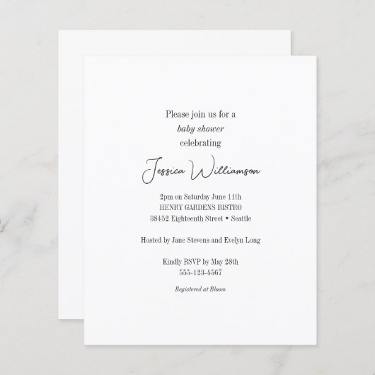 Budget Zwart Wit Minimalistisch Baby shower Invite (Voorkant / Achterkant)