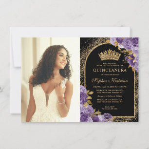 Budget Zwarte Paarse Gouden Bloem Foto Quinceanera Notitiekaartje