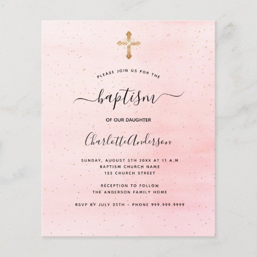 Budgetbaptisme blush roze gouden meisjesuitnodigin (Voorkant)