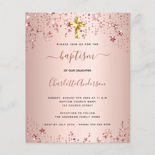 Budgetbaptisme roos gouden sterren uitnodiging (Voorkant)