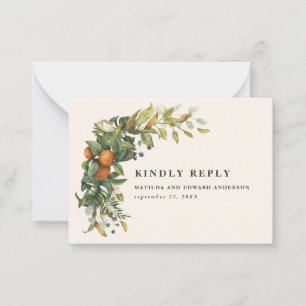 budgetbruiloft citrus botanische moderne RSVP-kaar Notitiekaartje