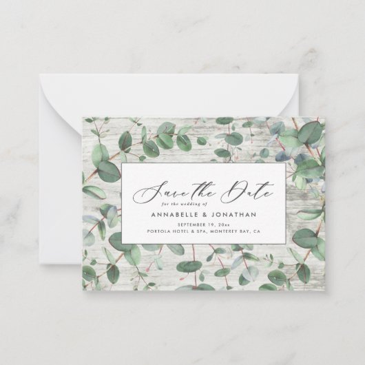budgetgroen Eucalyptus wit hout sparen de datum Notitiekaartje (Voorkant)