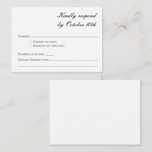 Budgetminimalistisch formeel zwart-witscript RSVP Notitiekaartje (Voorkant / Achterkant)