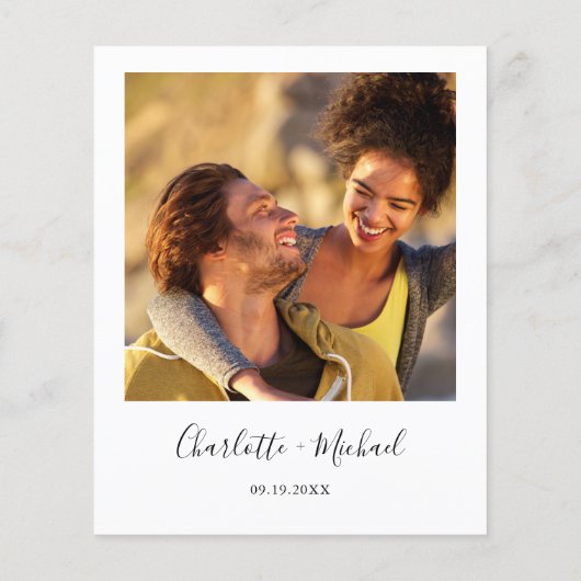 Budgetminimalistisch script foto-bruiloft uitnodig (Achterkant)