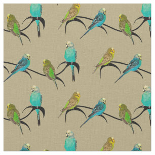 Budgie Frenzy Fabric (Gold) Stof