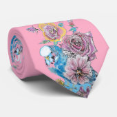 Budgie Parrot Blue Black Birds Rose Mens Cravate (Roulé)