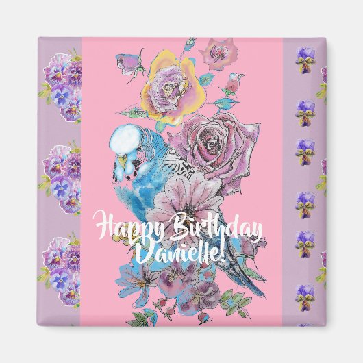 Budgie Watercolor floral Dames Anniversaire Magnet (Devant)