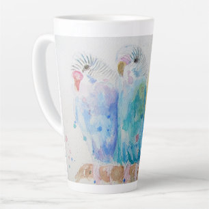 Budgies Three Sitting Branch Waterverf Art Blue Latte Mok