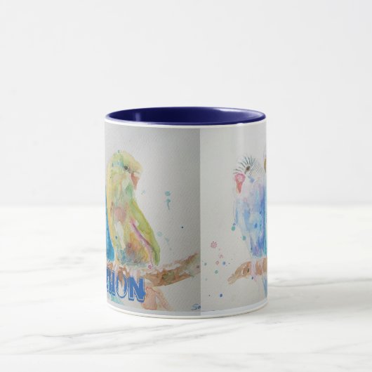 Budgies Three Sitting Branch Waterverf Blue Mok (Midden)