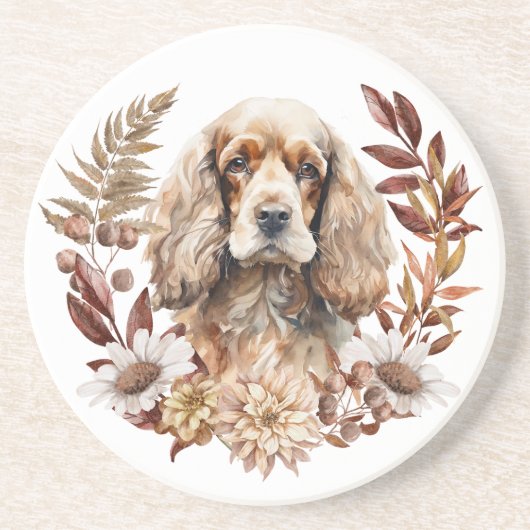 Buff Amerikaanse Cocker Spaniel Hond Herfst krans Zandsteen Onderzetter (Voorkant)