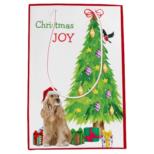 Buff Cocker Spaniel Santa Hat en kerstboom Medium Cadeauzakje (Voorkant)