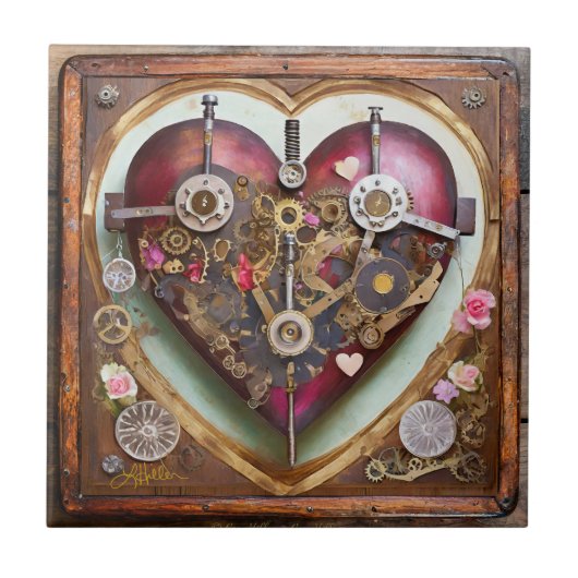 Buff Rood Hart Steampunk Serie Tegeltje (Voorkant)