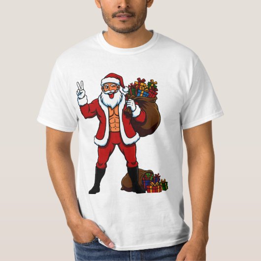 Buff Santa Peace Sign! Ripped Abs & Funny Christma T-shirt (Voorkant)