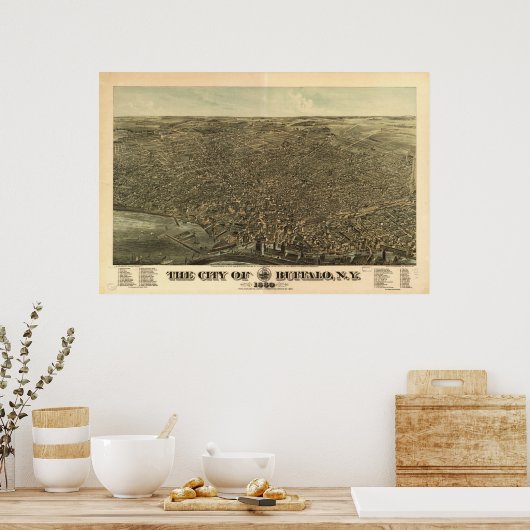 Buffalo 1880, NY Vogels Oogkleurige Uitzicht Panor Poster (Keuken)