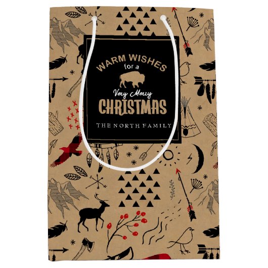 Buffalo Adventures Patroonlabel Kraft/Red ID599 Medium Cadeauzakje (Voorkant)